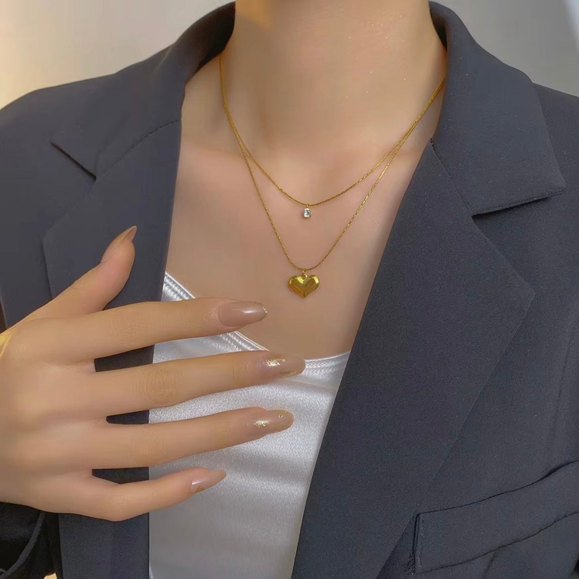 Double layer heart & crystal necklace
