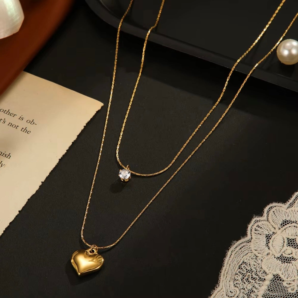 Double layer heart & crystal necklace