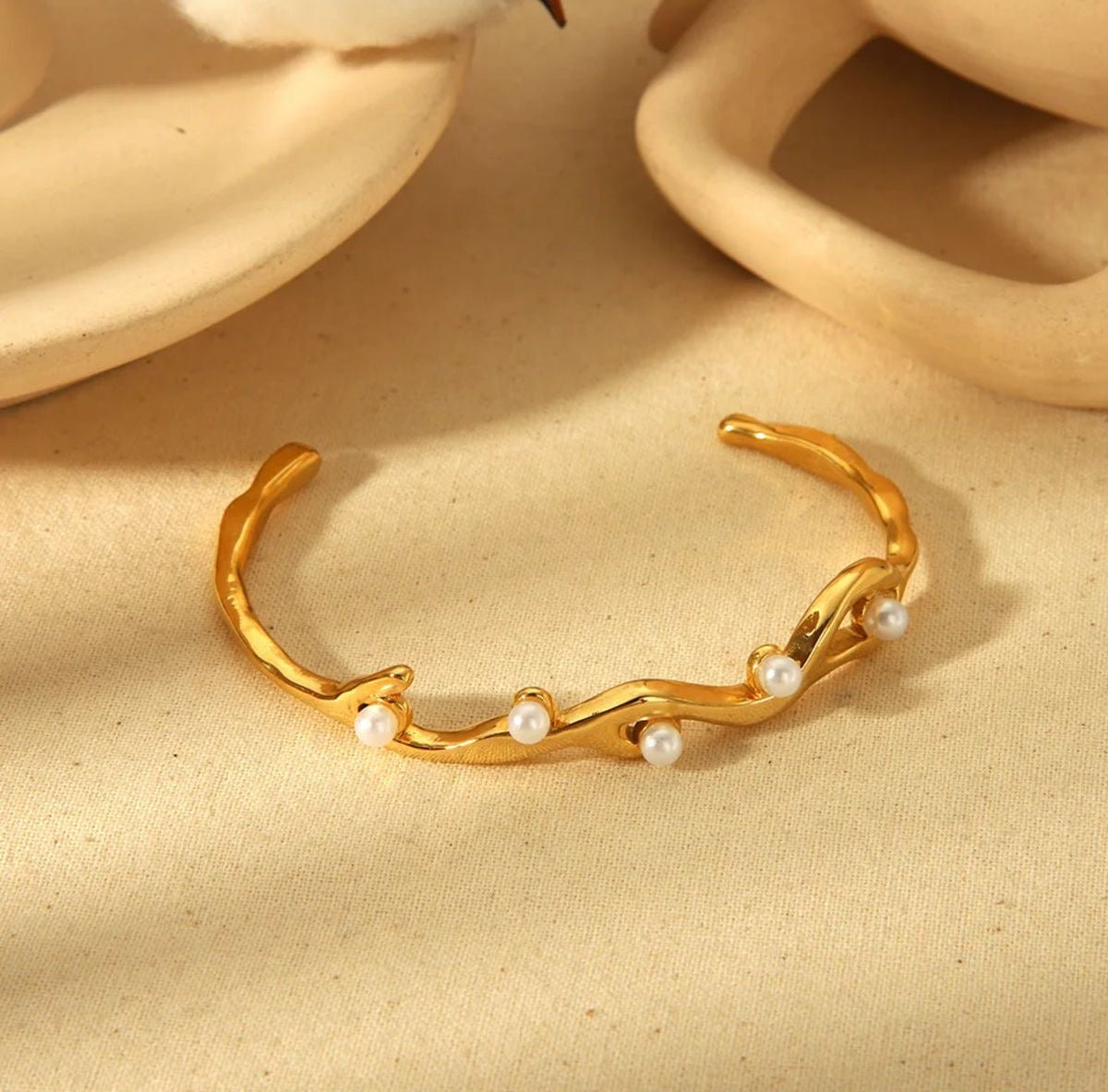 Golden pearl wave cuff bracelet